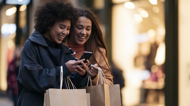 Two cheerful female friends laughing while looking at a smartphone with shopping bags on a city street