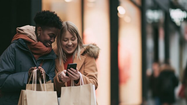 Two smiling women friends sharing a smartphone while holding paper shopping bags on a winter city street
