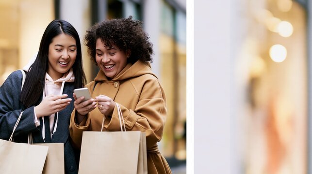 Two cheerful women laughing while looking at a smartphone and holding paper shopping bags on a city street