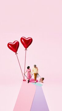 Illustration of a couple walking a small dog on leashes shaped like glossy red heart balloons on a pink pastel path