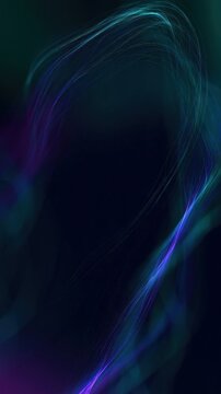 Abstract flowing particle ribbons in teal and violet forming a glowing aurora arc on a dark vertical background
