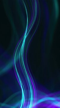 Glowing cyan and purple light ribbon twisting in an elegant S-curve against a dark abstract background