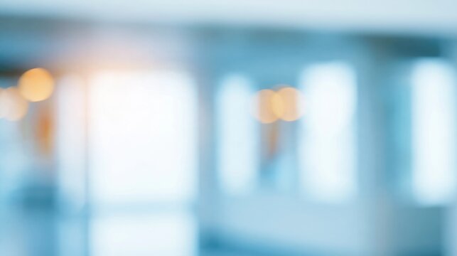 Abstract blurred healthcare background with bright light blue tones and warm golden bokeh lights in a clean modern interior