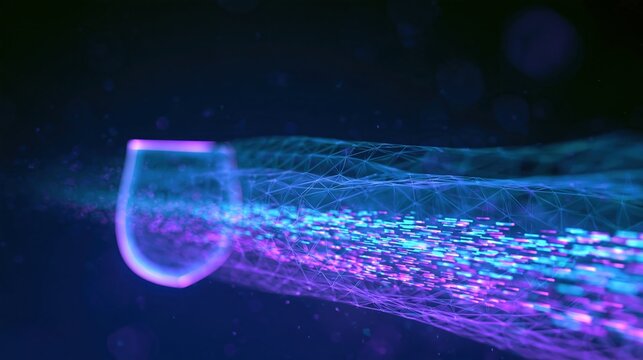 Glowing shield symbol in front of a flowing cyan and violet data stream representing cybersecurity and data protection