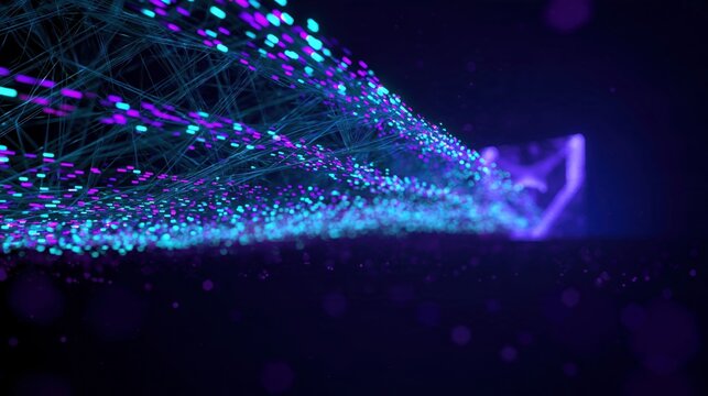 Abstract glowing cyan and violet data stream flowing through a dark digital network with particles and light trails