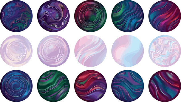 Abstract fluid marble texture circles vector set collection featuring round purple violet and green wavy liquid glossy cover icons,