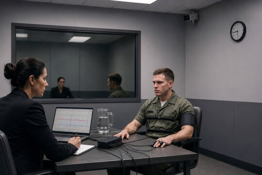 Counterintelligence examiner questions military officer in secure room with secure analytical equipment visible. Secure analysis and evidence based operational decisions involving officer secure room