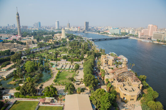 Top angle view Zamalek neighborhood, Cairo Egypt Downtown, green landscape, Cairo Tower, Cairo Opera House, Al Ahly Club, River Nile, shot is selective focus, shallow depth of field, on 28 August 2016