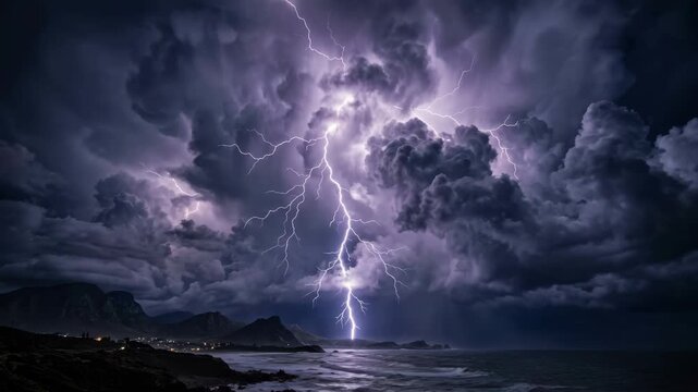 Dramatic lightning storm illuminates a rugged coastline and rough ocean at night