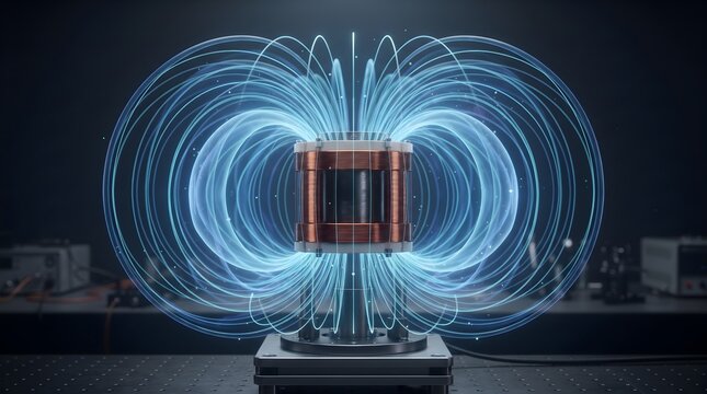 Electromagnetic coil emitting glowing blue magnetic field lines