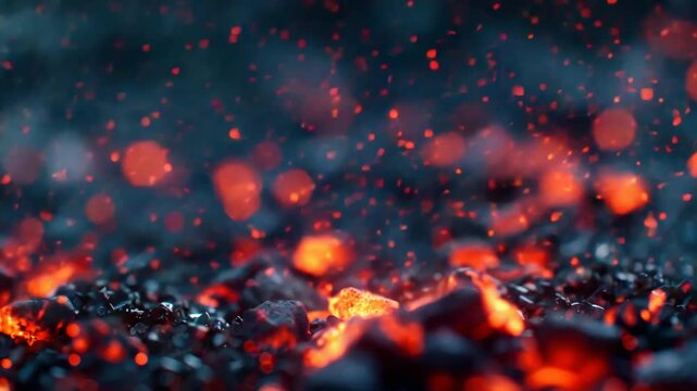 Glowing embers and flying sparks drift above a bed of dark charcoal in a smoky fire scene