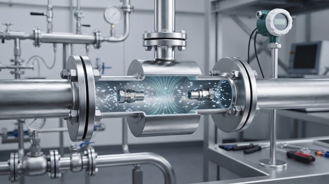 Industrial magnetic flow meter measuring energy inside a metal pipe