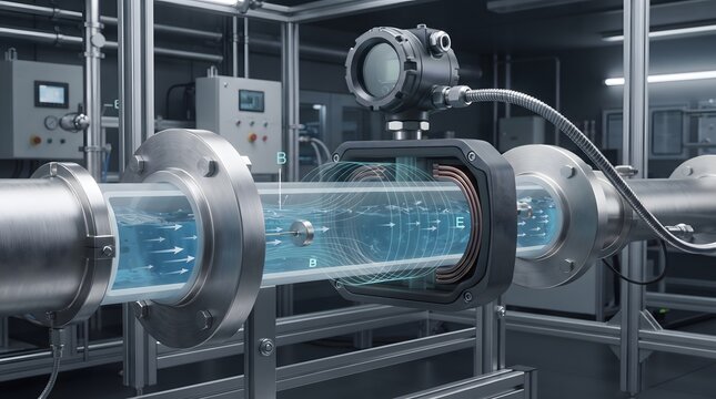 Industrial electromagnetic flow meter measuring liquid in a pipeline