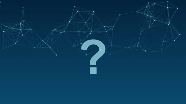 Glowing question mark symbol floating under complex digital network graphics against dark blue background