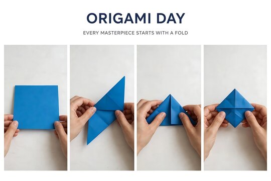 Origami day stepbystep tutorial showing hands folding blue paper into a square shape