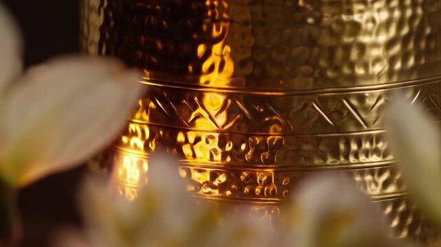 Gold-colored hammered metal vessel glows with shifting amber reflections behind blurred white flowers, revealing decorative geometric bands in tightly framed warm close-up