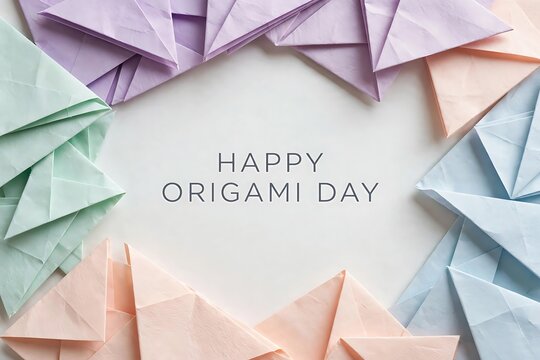 Happy origami day greeting card with colorful paper folded shapes arranged in a circular frame