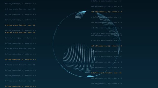 Digital globe rotating with glowing programming code and python functions overlaying dark interface background screen