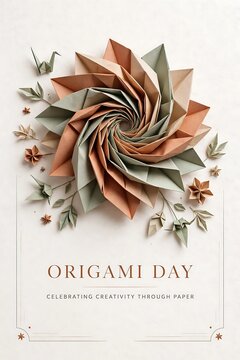Origami day celebration poster with a beautiful paper folded floral spiral design and delicate paper leaves