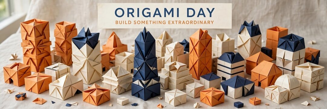 Origami paper city with various folded buildings and structures on a textured surface