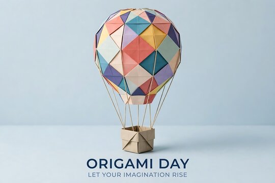 Origami hot air balloon made of colorful paper squares on a light blue background