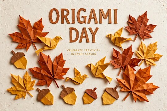 Origami paper leaves, birds, and acorns arranged on a textured light background for origami day celebration