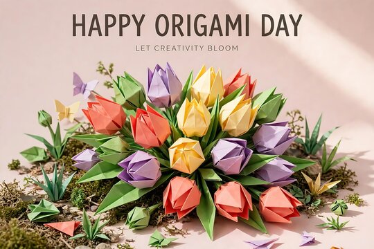 Beautiful origami tulip bouquet with paper butterflies and moss on a soft pink background for origami day