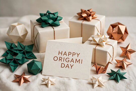 Festive origami decoration set with gift boxes and greeting card for origami day celebration