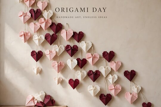 Origami paper hearts hanging on strings against a textured beige wall for valentines day decoration