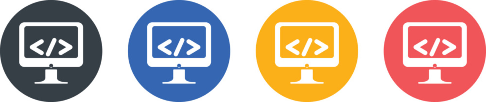 Set of colorful computer monitor icons displaying programming code symbols for software development
