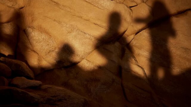 Human shadows shift across rough cave wall in warm amber light, with gesturing silhouettes stretching over cracked stone and uneven rock ledges along lower foreground