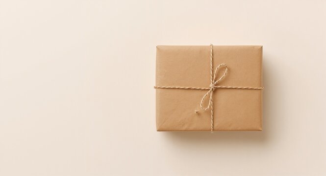 An eco-friendly gift package featuring a simple brown paper-wrapped gift box tied with twine, placed on a light beige surface, emphasizing natural aesthetics and minimalism
