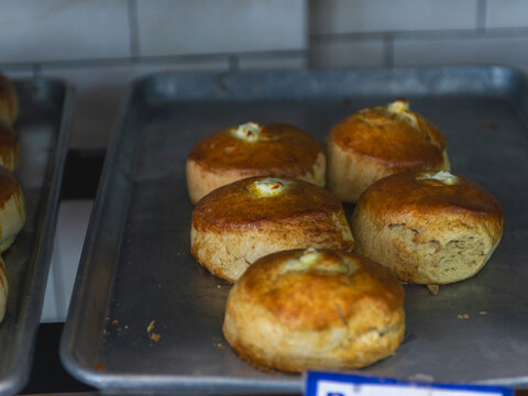 Biscuits Arranged on a Tray in a Bakery