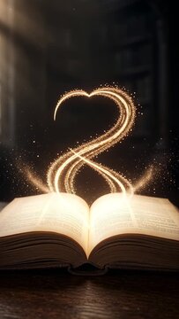 Open Book Glowing with Magical Light on a Dark Background, Fantasy Literature and Knowledge Concept for Education, Reading, Learning, and Imagination