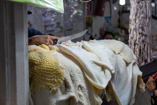 Abundant Beef Tripe Displayed for Sale at a Meat Shop