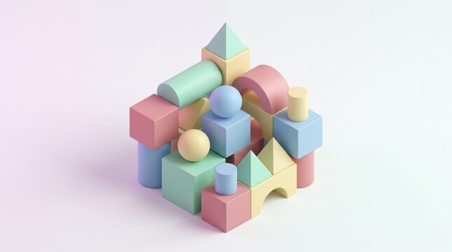 Pastel geometric blocks isometric clay render abstract background