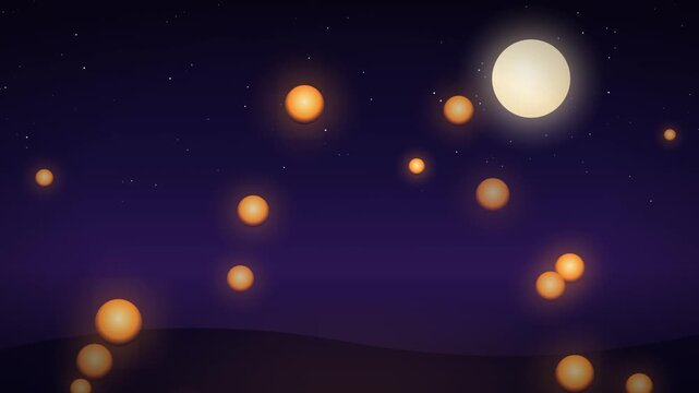 Glowing Halloween pumpkin lantern orbs rising in purple night sky