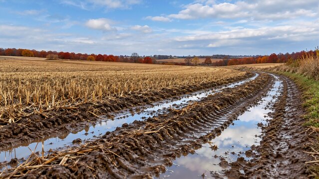 Muddy farm road with tire tracks and puddles in harvested field. Deep ruts along rural dirt lane in autumn countryside