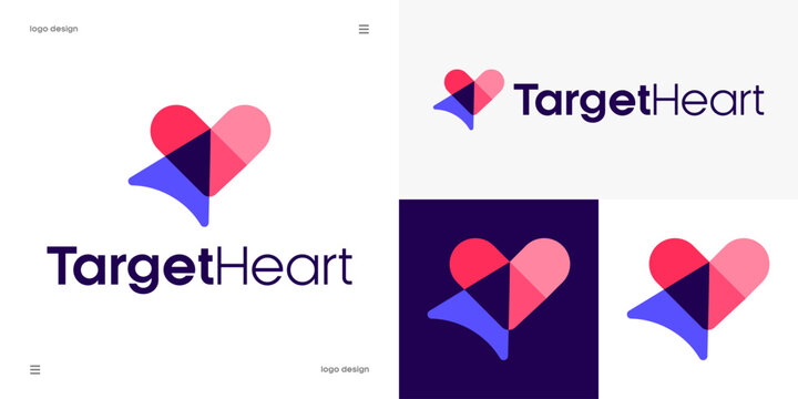 target heart logo design, romantic matchmaking, love goal, customer affection and charity target concept, heart shape combined with cursor arrow, vector icon