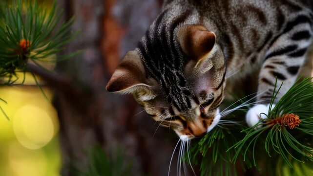 Striped cat lowers its head toward green pine needles, lifts its gaze, and leans down again while perched among branches beside textured tree trunk in warm daylight