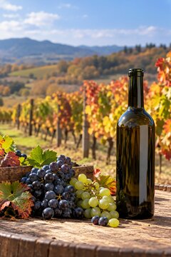 Wine bottle and fresh grapes on a wooden barrel in an autumn vineyard. Red and white grapes at grape harvest against scenic vineyard rows. Vertical composition and winemaking concept