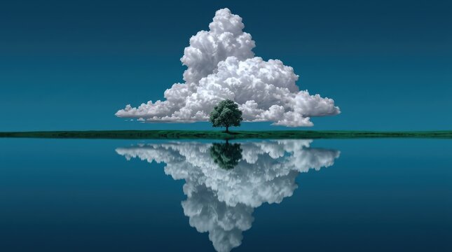 Stunning Symmetrical Landscape Featuring a Lone Green Tree on a Horizontal Meadow with a Massive Fluffy White Cumulus Cloud Reflected Perfectly in Still Calm Blue Water Under a Clear Sky