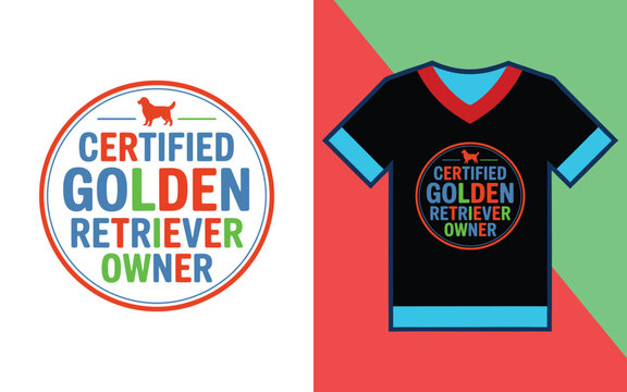 Certified golden retriever owner circular typography displayed on a black t-shirt with red and blue accents