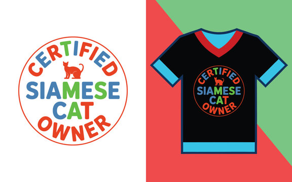 Certified siamese cat owner circular typography on a black v-neck t-shirt with blue and red trim