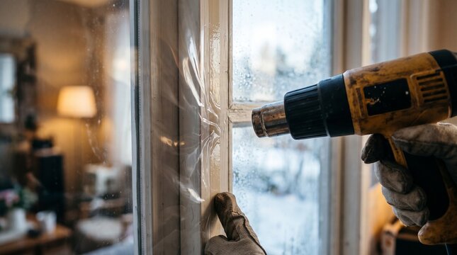 Worker using heat gun for window insulation film in winter interior