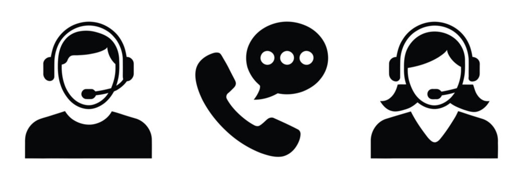 Customer service icon set featuring male and female call center agents with headsets for telephone support and business communication.