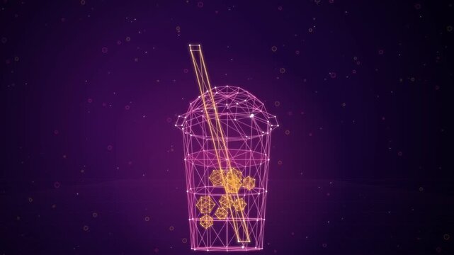 Wireframe boba tea cup animation forming on a dark purple background
