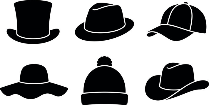 Black Hat Silhouette Icon Set Featuring Top Hat, Fedora, Baseball Cap, Sunhat, Beanie, and Cowboy Hat Vectors for Fashion Graphic Designs