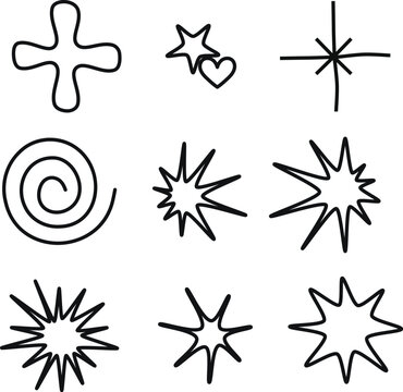 minimalist hand-drawn doodle collection of abstract starbursts, spiral, plus sign, and outlined decorative shapes