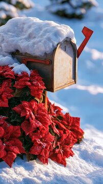 Snow Covered Christmas Mailbox Surrounded by Red Poinsettia Flowers